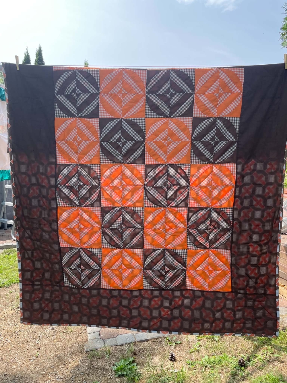 Vintage Handcrafted Orange and Black Geometric Patchwork Quilt - Home Bedding